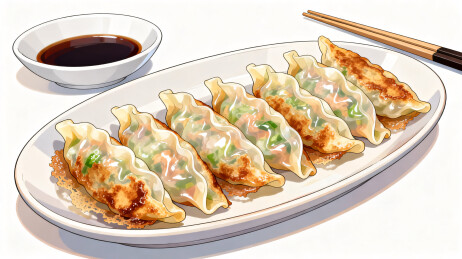一盘诱人的美味锅贴煎饺与蘸料
