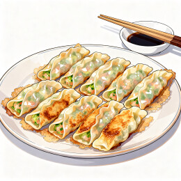 一盘诱人的美味锅贴煎饺与蘸料
