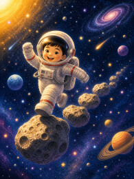 儿童宇航员跃过小行星