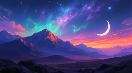 蓝紫雪山映弯月梦幻星空