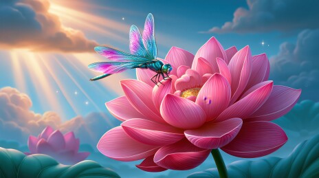 蜻蜓栖息粉莲，晨光映照