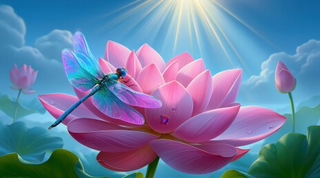 蜻蜓停驻粉莲之上