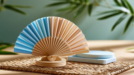蓝棕渐变折扇静物摆拍
