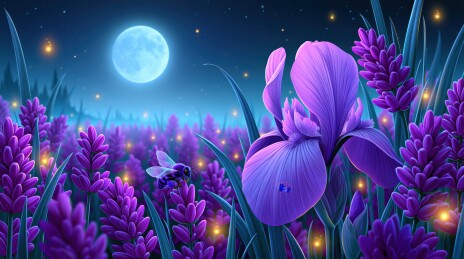 月夜紫鸢花丛蜜蜂