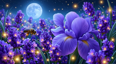 月夜薰衣草花丛与蜜蜂