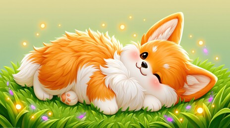 可爱柯基犬草地上安睡