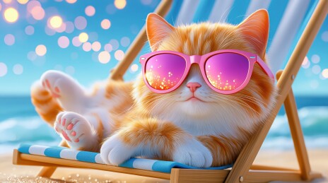 戴粉色墨镜的橘猫海滩休闲