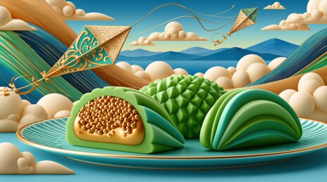 创意风筝与绿色糕点的梦幻场景