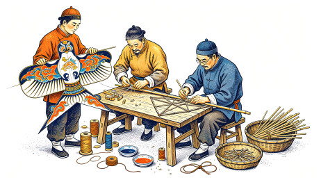 古代手工艺人合力制作精致传统纸鸢风筝