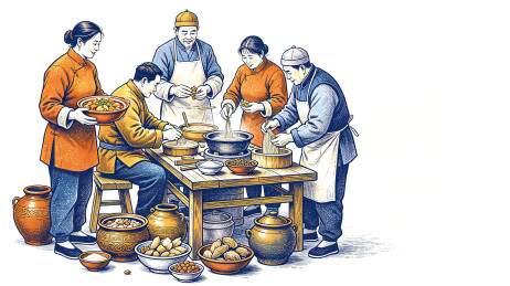 传统百姓齐聚操作台手工制作家常鲜爽面食