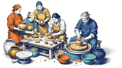 民间手艺人团队专心制作传统陶瓷陶器插画