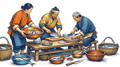 民间手艺人通力协作处理新鲜的家常食用鲜鱼