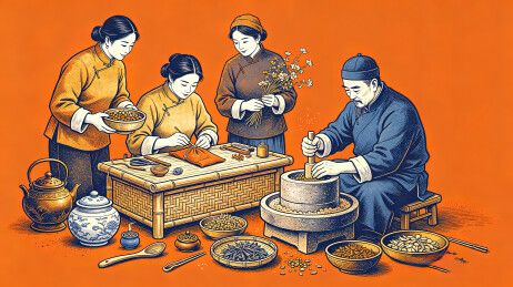 传统古人合力手工研磨药材制作古法香包