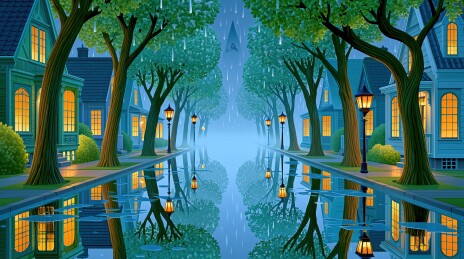 雨夜街道的宁静景象