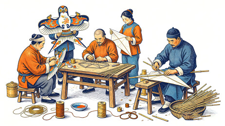 古风匠人使用竹材精心制作传统风筝