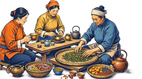民间妇女一同分拣茶叶冲泡传统茶饮