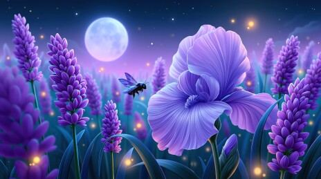 月夜紫花与飞蜂