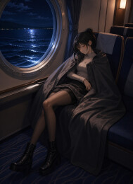 夜航舱窗边女子熟睡