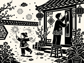 春节庭院贴春联剪纸