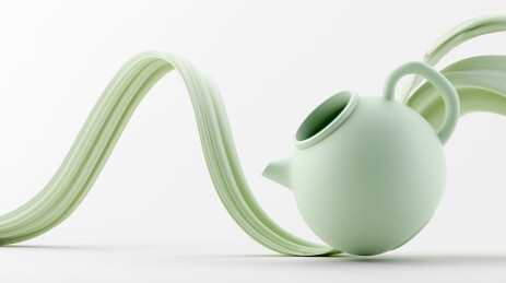 清新淡绿色茶壶与流动波浪线条3D艺术