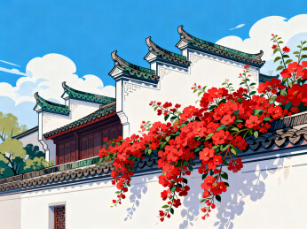 卡通插画风格白墙黛瓦映红花