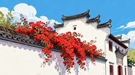 卡通插画风格白墙黛瓦映红花
