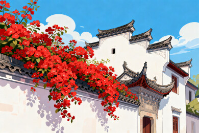 卡通插画风格白墙黛瓦映红花