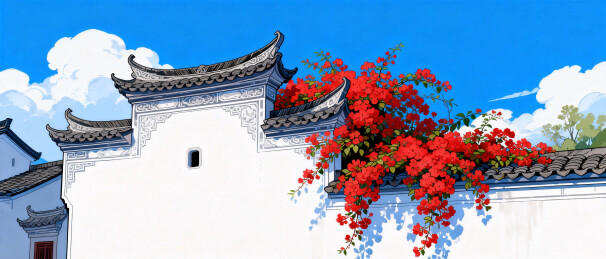 卡通插画风格白墙黛瓦映红花