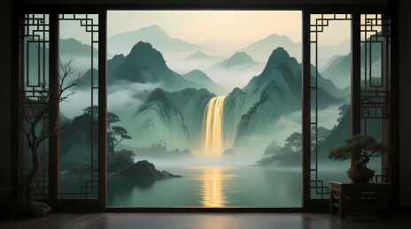 雕花木窗映金瀑青山