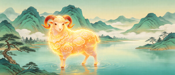 青山碧水鎏光祥羊国风祥瑞插画