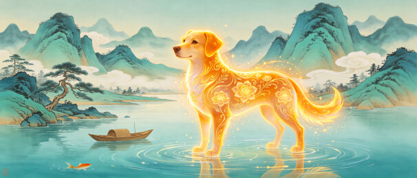 青山碧水繁花灵犬国风祥瑞插画