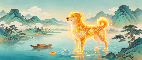 青山碧水繁花灵犬国风祥瑞插画