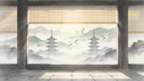 日式禅意窗景映山寺飞鹤