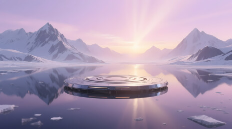 未来飞行器悬浮于梦幻冰湖