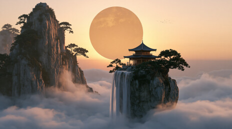 日崖枫亭飞瀑秋景   