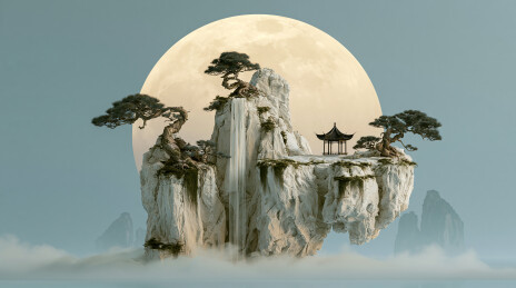 月崖松亭水墨景   