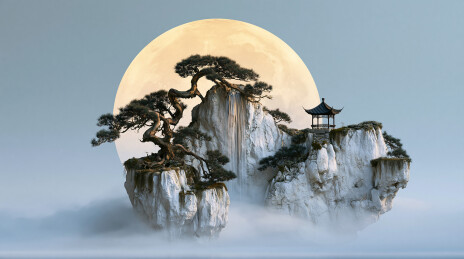 月崖松亭水墨景   
