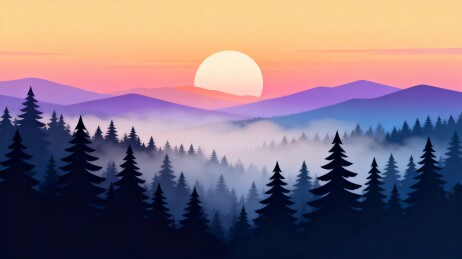 山林日出层叠山峦风景插画
