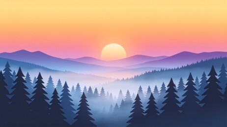 山林日出层叠山峦风景插画