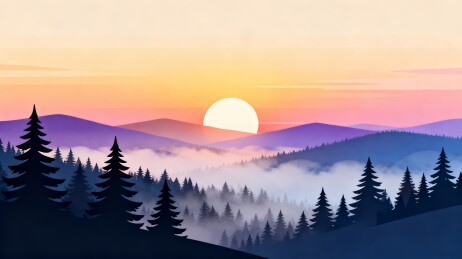 山林日出层叠山峦风景插画