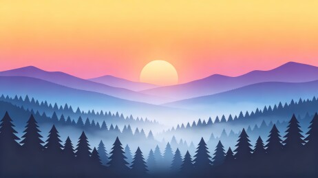 山林日出层叠山峦风景插画