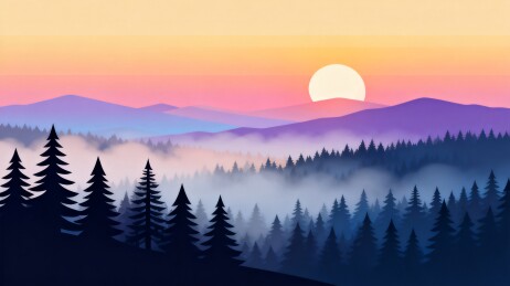 山林日出层叠山峦风景插画