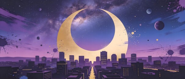 奇幻夜空下的城市与新月