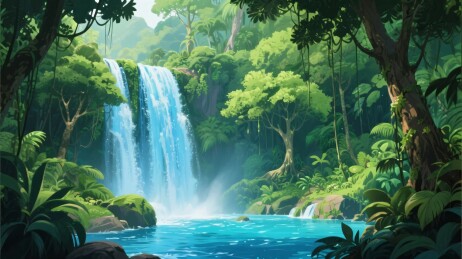 丛林瀑布风景插画