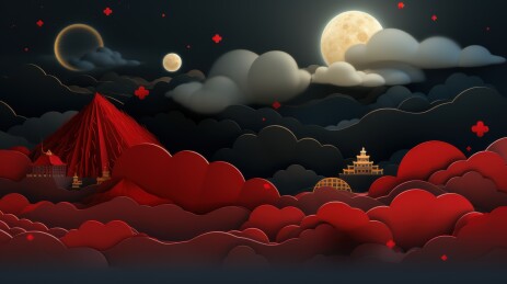 红色云海夜空明月古建筑