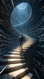 一个人在数学公式环绕的螺旋楼梯上行走