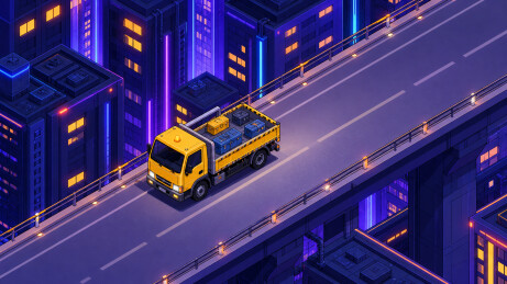 霓虹高架路上的黄色检修车