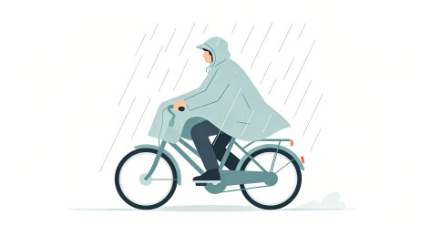 雨天身穿雨衣骑行单车出行的人物插画