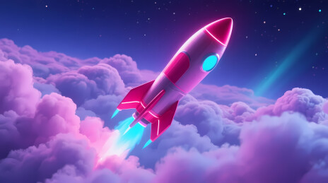 粉色卡通火箭穿越梦幻星空云海