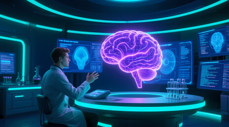 科学家凝视悬浮紫色大脑全息投影